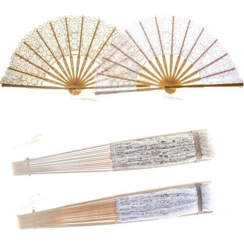 2 pcs Lace Folding Fan Vintage Chinese Big Folding Hollow Lace Fan Ancient Bamboo Crafts for Wedding Dance Table Decor Gift