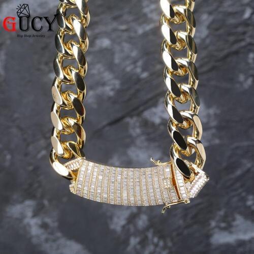 GUCY 18mm Long Lock Clasp Baguette Zircon Prong Setting Cuban Necklace Iced Out Cubic Zirconia Chain Hip Hop Rock Jewelry