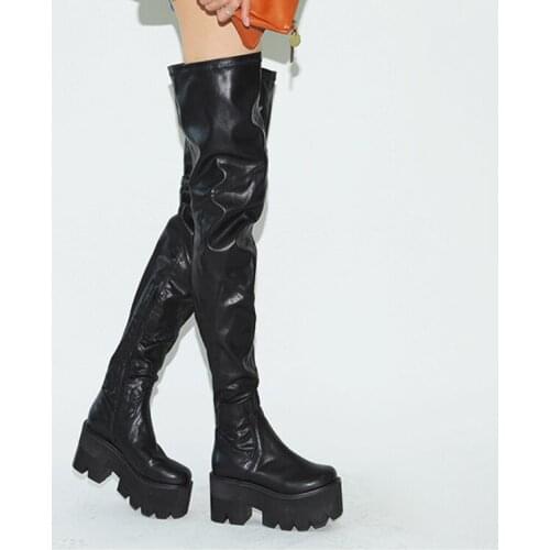 Fashion Black Cow Leather Martin Boots High Platform Heel Thigh Boots Roman Stage Ladies Round toe motorcycle Over Knee Boots