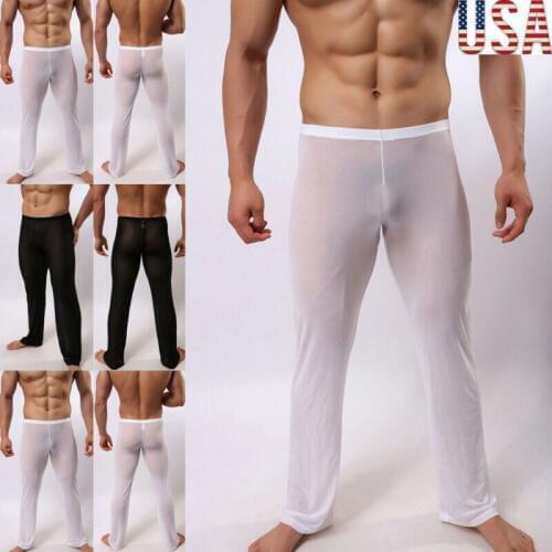 Mens Sexy Lingerie Long Johns Pants Thermal Mesh Sheer See-through Pants US