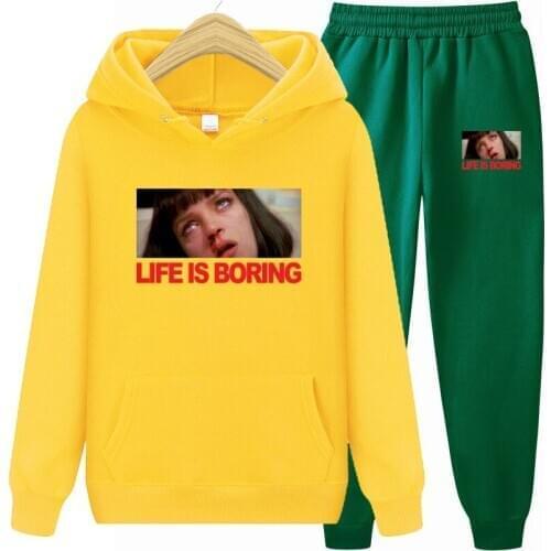 Mens Autumn Winter Life is Boring Print Hoodies+Pants Sweatshirt Fashion Slim Fit Men Set Hoodie Pant Hip Hop Pullover Hoody
