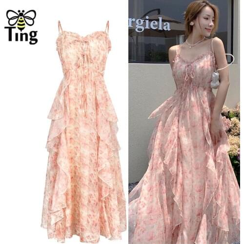 Tingfly Soft Egirl Fashion Pink Floral Ruffles Flowy Strap Boho Midi Long Dresses Sleeveless Summer Holiday A Line Vestidos Robe