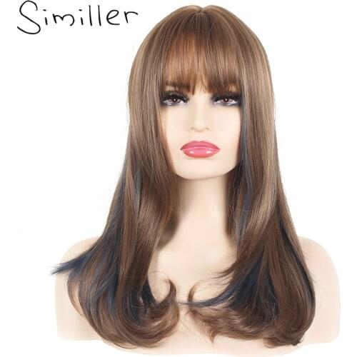 Similler Women Long Synthetic Wigs Heat Resistance Fiber Straight Hair Brown Black Ombre Highlight for Daily Use