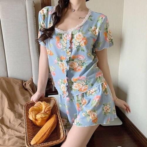 Sexy Floral Print Pajamas Set For Women Summer Short Sleeve Sleepwear Korean Kawaii Lace Blue Flower Chic Elegant Nightwear Suit