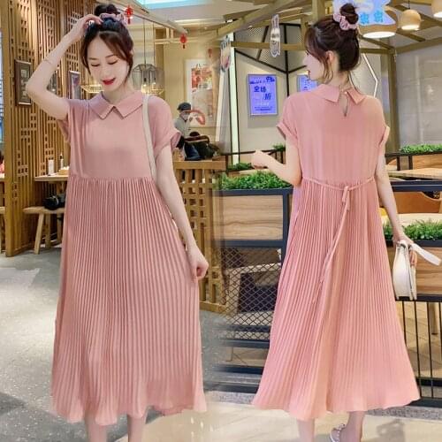 Maternity Dresses Summer Pink Chiffon Pleated Fashion Women Clothing Dresses Short Sleeve Dress Pregnant Pregnancy Korean Style
