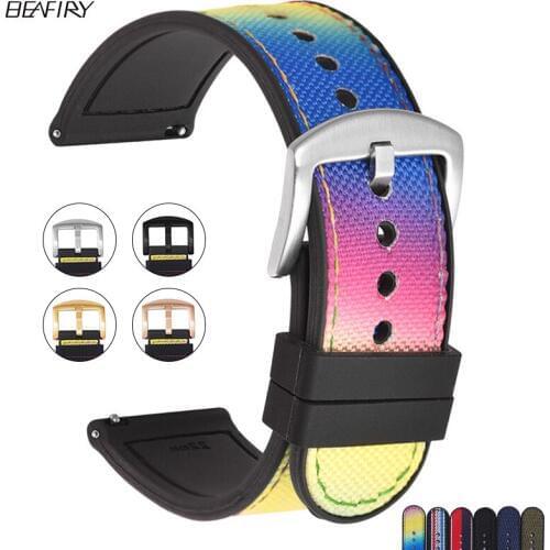 BEAFIRY Nylon+silicone Watch Band 20mm 22mm Quick release Watch Straps Watchbands Sports Black Blue Army green for Men Women