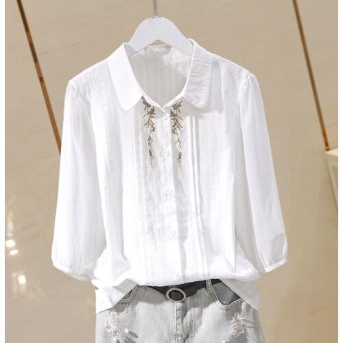 Chiffon Sleeved Cotton Patchwork Women White Shirts Summer New Solid Embroidery Loose Elegant Female Outwear Tops