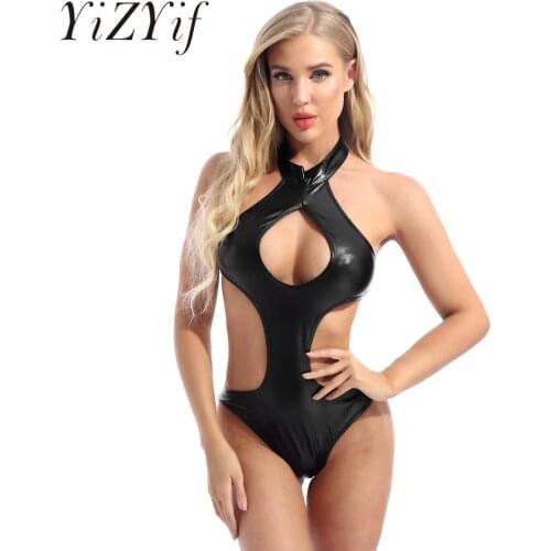 Sexy Womens Lingerie Patent Leather Bodysuit One-piece Swimwear Cutout Halter Keyhole Swimsuit Lace-up Backless Leotard Swimwear