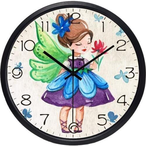 Butterfly Fairy Wall Clock Cartoon Cute Girl Room Clock, Non Ticking Sound Glass Cover