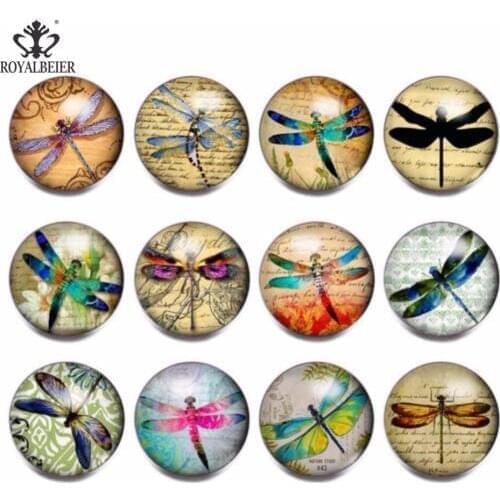 RoyalBeier 12pcs/lot Dragonfly Theme Glass Charms 18mm Snap Button Jewelry For 20mm Snaps Bracelet Snap Jewelry KZ0805