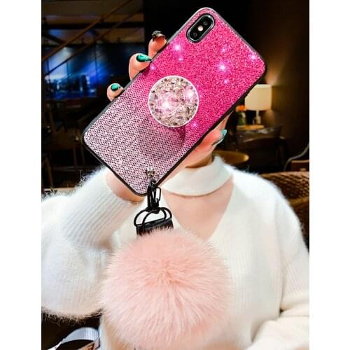 Hot Pink gradient glitter cover for iphone XR X XS MAX 7 8 6 6S plus luxury diamond bracket hair ball glisten Sexy Girls coque