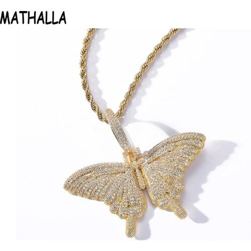 MATHALLA Hiphop Jewelry Iced Out Butterfly Pendant Tennis Chain Necklace Brass AAA Cubic Zirconia Mens Pendants Womens Jewelry