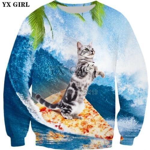 YX GIRL Drop shipping 2018 New Fashion 3D Sweatshirt animal Hoodies Waves Funny Pizza Cat Printed Men Women casual Hoodies ZS100