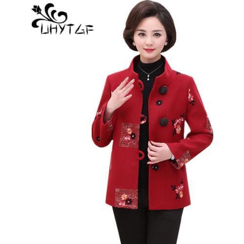 UHYTGF Spring Autumn Short Woolen Jacket Women Top coat Stand collar Embroidery Loose Woolen Coat Plus size Outerwear Ladies 699