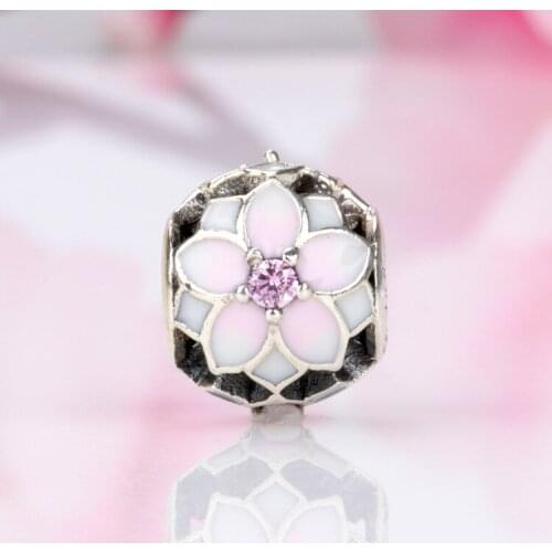 Bewill Valentines Day S925 Sterling Silver Magnolia peach blossom beads Fit Original Bracelets Women Jewelry Gifts