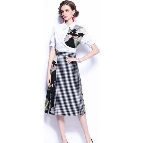 2021 Summer Fashion Contrast Color Set Women White Print Shirt Top + Hight Waist Plaid Print A Line Split Skirt Two Piece Suit