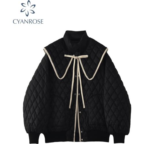 Women DownCoats 2021Fashion Oversize Single Breasted Loose Padded Jacket Vintage Long Sleeve Pockets Female Blac Padded Overcoat