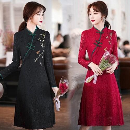 Stand Collar Lace Embroidery Vintage Improved Cheongsam Women Long Sleeve Retro Buckle Plus Size Chinese Style Female Dress