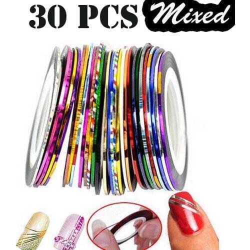 30 Rolls/Lot Fashion Multi Mix Colors Rolls Striping Tapes Line Metallic Yarn Nail Art Patterns Decoration Wraps Sticker