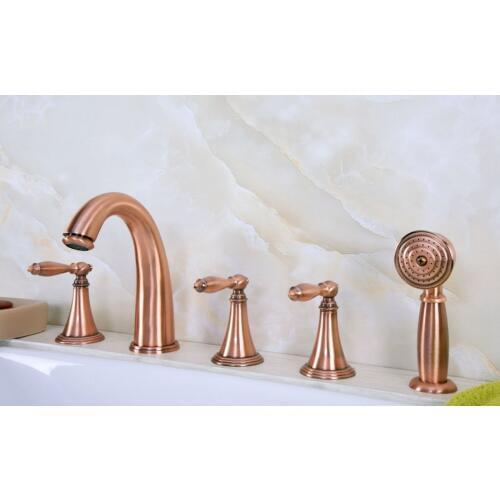 Antique Red Copper Brass Deck 5 Holes Bathtub Mixer Faucet Handheld Shower Widespread Bathroom Faucet Set Basin Water Tap atf202
