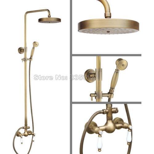 Antique Brass 7.7 inch Round Shower Head Wall Mounted Bathroom Dual Handles Rain Shower Faucet Set Mixer Tap Wan114