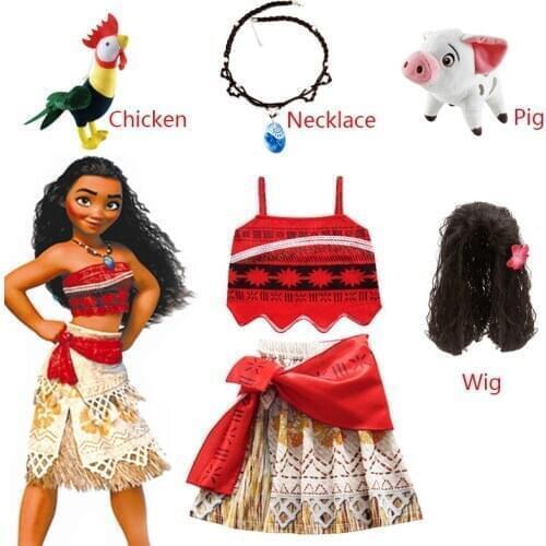 Kids Girls Clothes Cosplay Princess Dress Moana Children Vaiana Girls Party Costume Dresses with Necklace Pet Pig Chick Girl Set