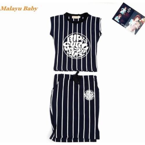 Malayu Baby Toddle Girls Clothes Set 2-7 Years Kids Summer New Cotton Striped Print Short Sleeve Tee+Skirt 2Pcs Child Clothes