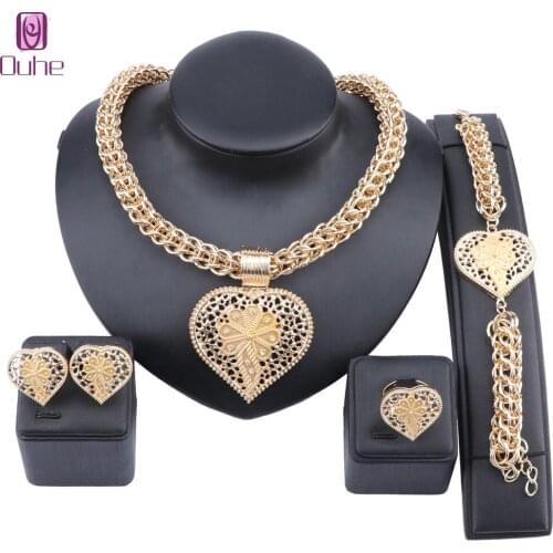 Dubai Gold Color Crystal Heart Pendant Necklace Earring Jewelry Set Women Costumer Nigerian Wedding Fashion Jewelry Set