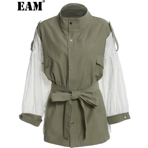 [EAM] Women Big Size Lace Trench New Stand Collar Long Sleeve Loose Fit Windbreaker Fashion Tide Spring Autumn 2021 1DD2371