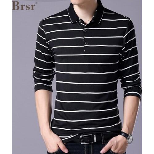 New Men Casual Stripe Design Mens Clothing T-Shirt Cotton Luxury Turn Down Long Sleeve Quick Dry Slim Fitness T Shirt Tops Tees