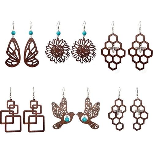 Geometric Abstract Natural Wood Honeycomb Earrings for Women Cutout Butterfly Sunflower Bird Wooden Earrings Jewelry Wholesale