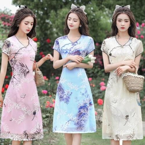 Shanghai Story Round Neck Qipao Chinese Cheongsam Dress for Women 4 Color