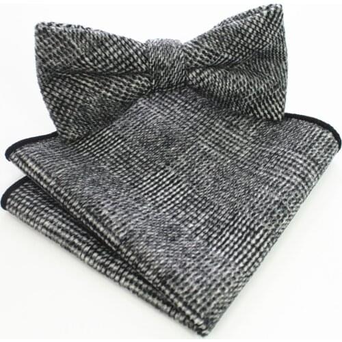 Ricnais Classic High Quality Gray Woolen Solid Bow Tie Set Tie&handkerchief Wedding Business Party Gift Skinny Cravats Set