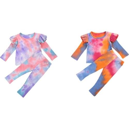 Citgeett Autumn Toddler Infant Baby Boys Girls Tie-dye Outfits Long Sleeve Ruffle Pullover Elastic Waist Pants Fall Winter Set