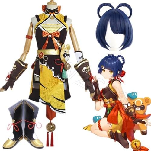 Game Genshin Impact Cosplay Xiangling Costume Xiangling Cosplay Blue Short 8-Shaped Braids Hairs Halloween Christmas Role play