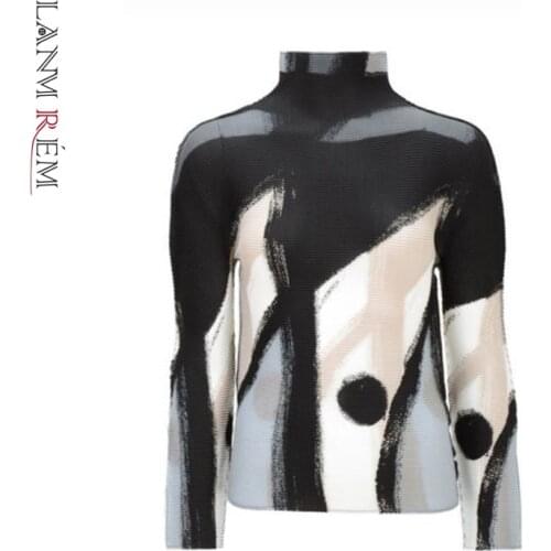 LANMREM Womens 2021 Autumn Summer Pleated T-shirts Stand Collar Long Sleeve Slim Fashion Casual Tops Half High Collar Elastic