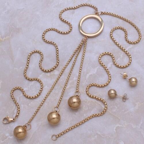 Fashion Jewelry Stainless Steel Beautiful Long Sweater Ball Chain Necklace Pendant Earrings Set For Woman Joyas Jewels SE116020