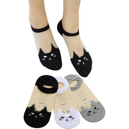 3 Pairs Women Socks Cute Print Cartoon Cat Transparent Solid Color Socks Summer Funny Animals Individual Female Boat Sock Meias
