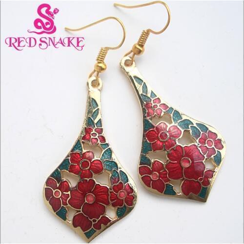 RED SNAKE Fashion Jewelry Cloisonne Enamel Drop Earrings Charm Amazing hand-painted Beautifully Leaf Shaped Flowers