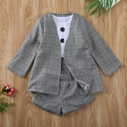 Pudcoco Infant Clothing Kids Plaid Clothes Sets Short Sleeve Tops Pants Plaid Coat Outfit Baby Girl 3pcs Clothes 1-6Y