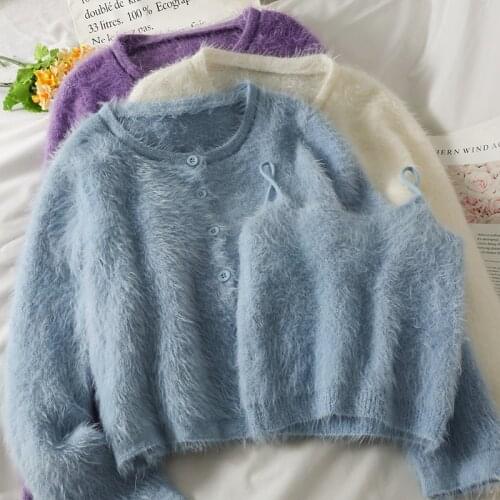 Autumn Suits Solid O Neck Long Sleeve Mohair Sweater Coat Bottom Sexy Camisole Crop Tops Fashion Cardigan Wild Sueters De Mujer