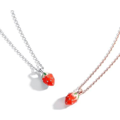PDZ91 Strawberry Necklace Female Sterling Silver Simple Student Forest Fresh Clavicle Chain Girl Heart Peach Blossom Necklace