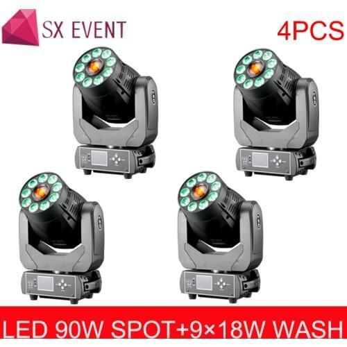 4pcs/lot NEWEST RGBWA UV 6IN1 LED Spot Wash Moving Head Light with 1x90W and 9x18W LEDs Spot Washer