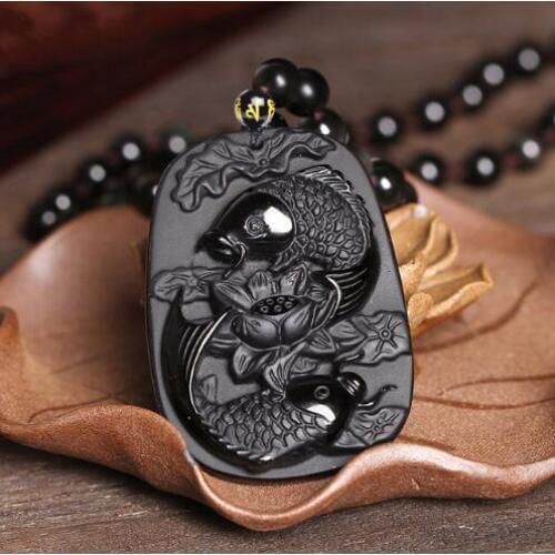 Drop Shipping Fine carving Obsidian two fish and lotus black Obsdian pendant mens jewelry