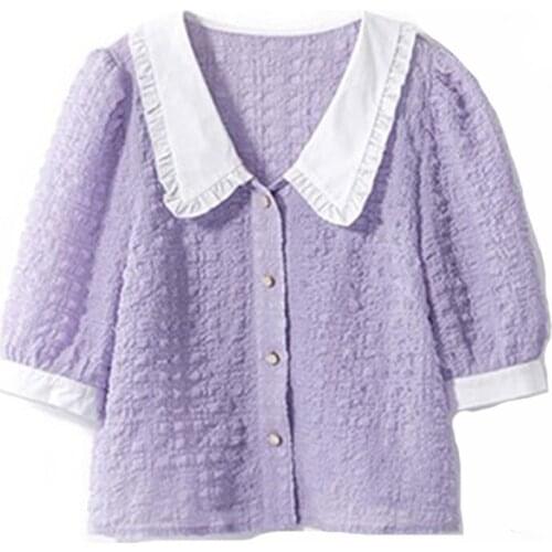 Chic Elegant Blouses Women Short Sleeve Tops 2020 New Fashion Female Shirt Summer Style Puff Sleeve Short Feminine Purple Blouse