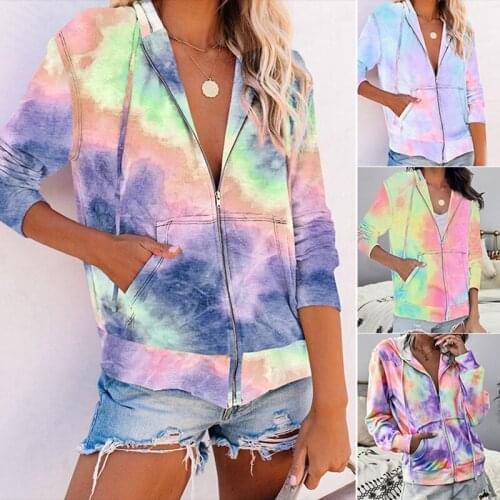 Tie Dye Drawstring Autumn Zipper V Neck Long Sleeve Sweatshirt Women Casual Pockets Loose Hoodies