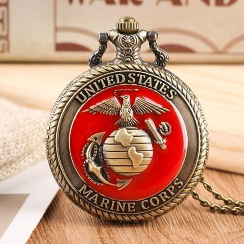 Vintage United State Marine Corps Theme Quartz Pocket Watch Fashion Red Souvenir Pendant Necklace Chain Military Watch Top Gifts