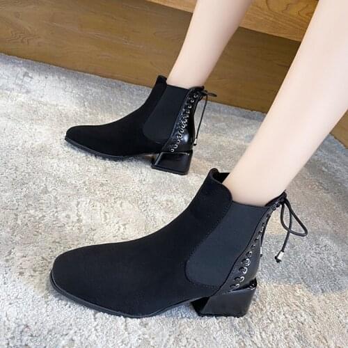 Round Toe suede Chelsea Boots Thick Heels Ankle Boots for Women Moccasin Boots Roman lace-up Short Boots for Women Shoes Autumn