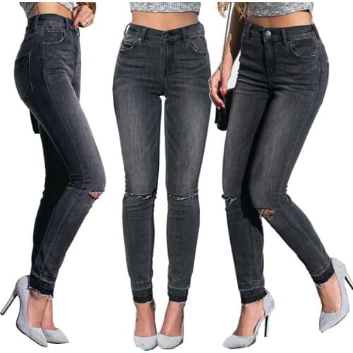 Womens Autumn Slim Stretch Jeans Ladies Ripped Holes Slim Tassels Denim Trousers Middle Waist Black Straight Leg Jeans