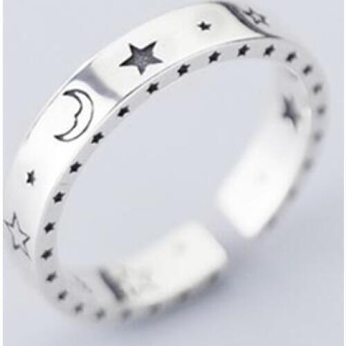 Sole Memory Retro Thai Silver Shiny Moon Stars Smile Smiley 925 Sterling Silver Female Resizable Opening Rings SRI552